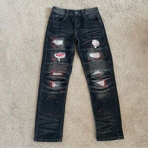 Youths Black Distressed Moto Jeans with Red Accent Paint Splatter 12 Funky Punk